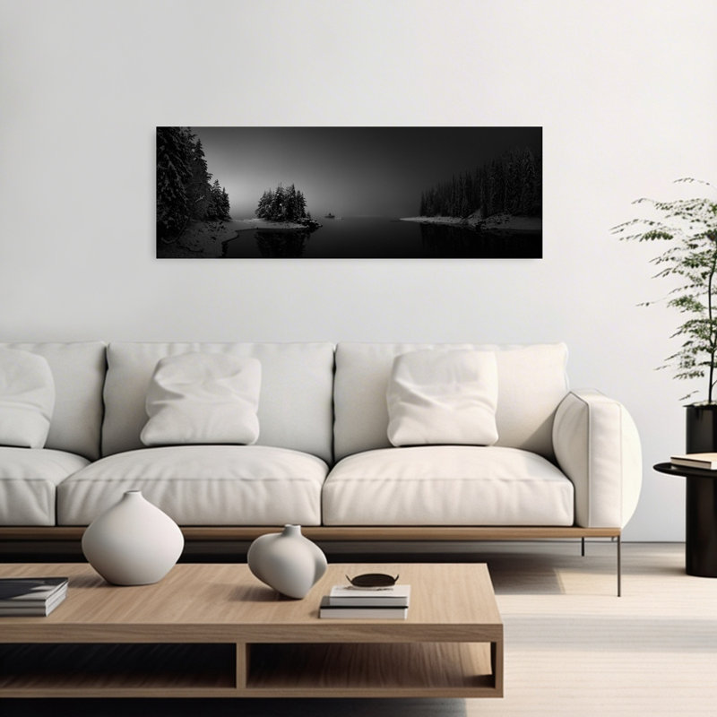 «Misty Winter Lake Peaceful Serene Tranquil Forest Landscape», art mural, H 16 po x l 48 po