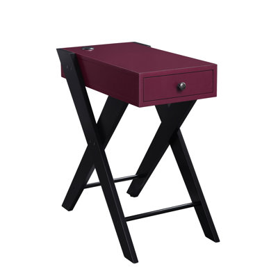Modern Accent Table With Port, Burgundy Wood Tabletop, Black "x" Legs, 20.38 Lb Weight, Convenient Storage Drawer Fierce Charging, Rich Legs Design, 1