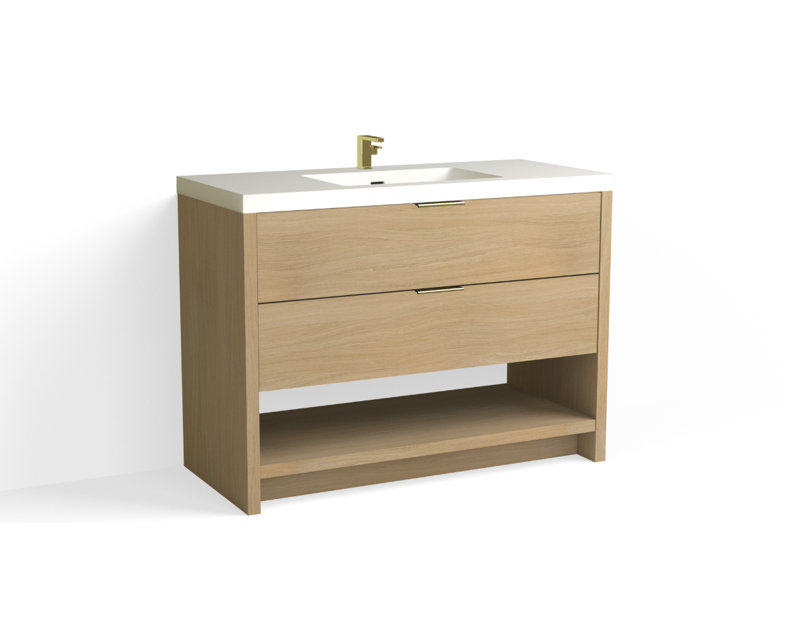Vue 48" W Freestanding Single Bathroom Vanity, Matte White/Single, Biondo, Satin Brass
