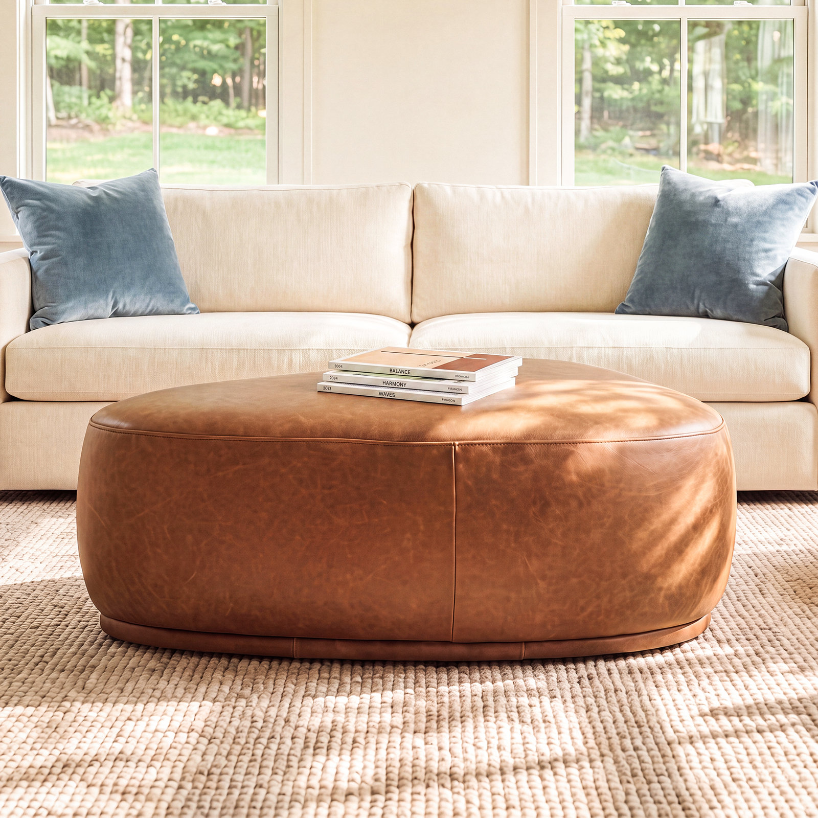 Adna 44" Genuine Leather Ottoman, Marseille Brown Genuine Leather