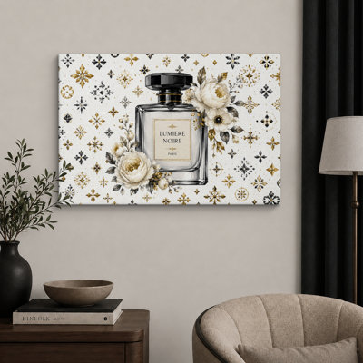 Œuvre florale de parfum noir doré, images de salle de bain glamour, impression sur toile encadrée