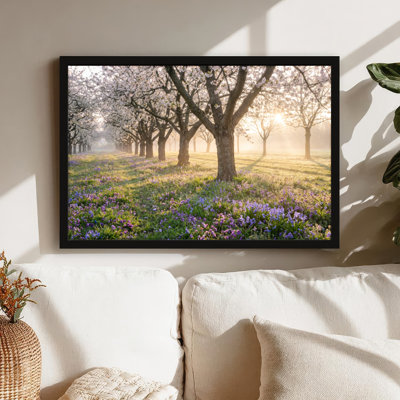 Toile noire encadrée en bois noir pour le salon, la chambre à coucher, le bureau ou le vestibule - décoration murale décorative avec fleurs printanières