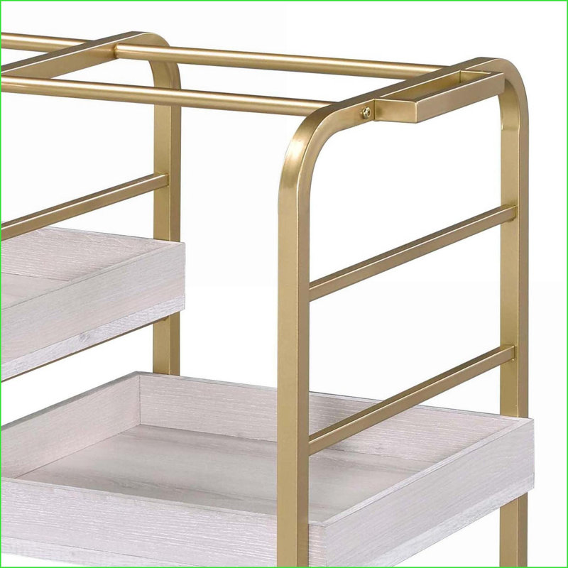 Chariot de service avec 3 plateaux réglables, cadre en métal robuste et amp; 4 roulettes - doré et blanc | Bois et métal | Rectangulaire