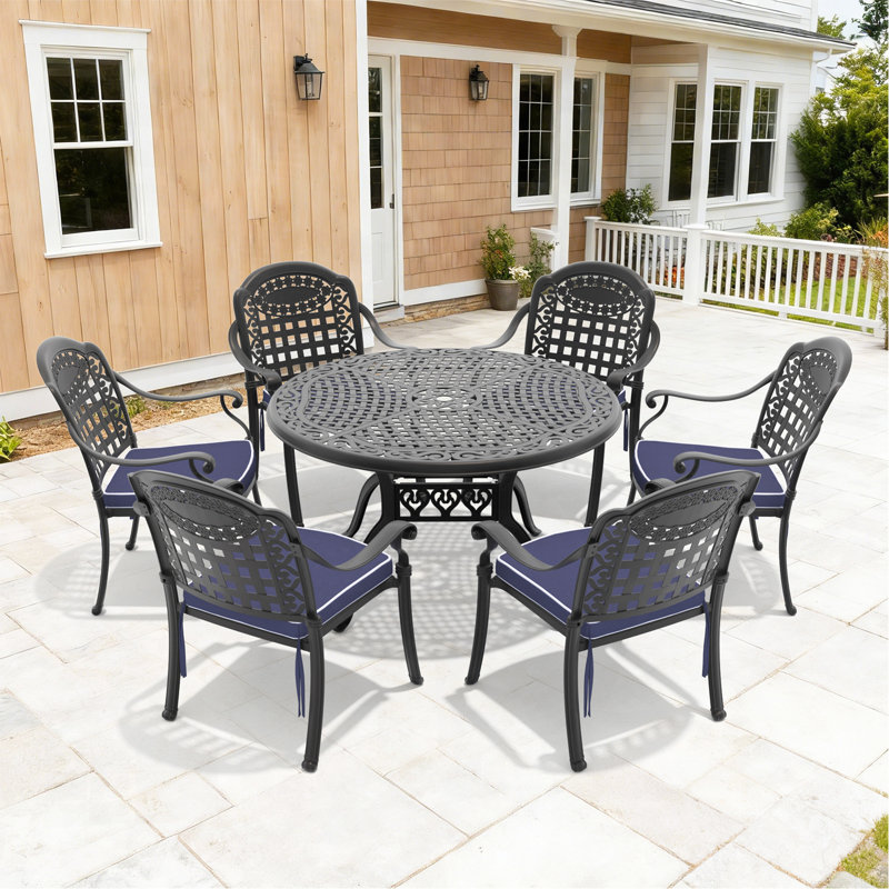 Ensemble de 7 pièces de mobilier de patio en aluminium coulé avec coussins bleus, 6
