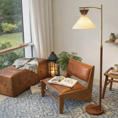 Mid-Century Modern Walnut Cantilever Floor Lamp, Brass Adjustable Swing Arm Standing Lamp with Linen Cone Shade, Task Reading Floor Lamp for Living Room Bedroom Study