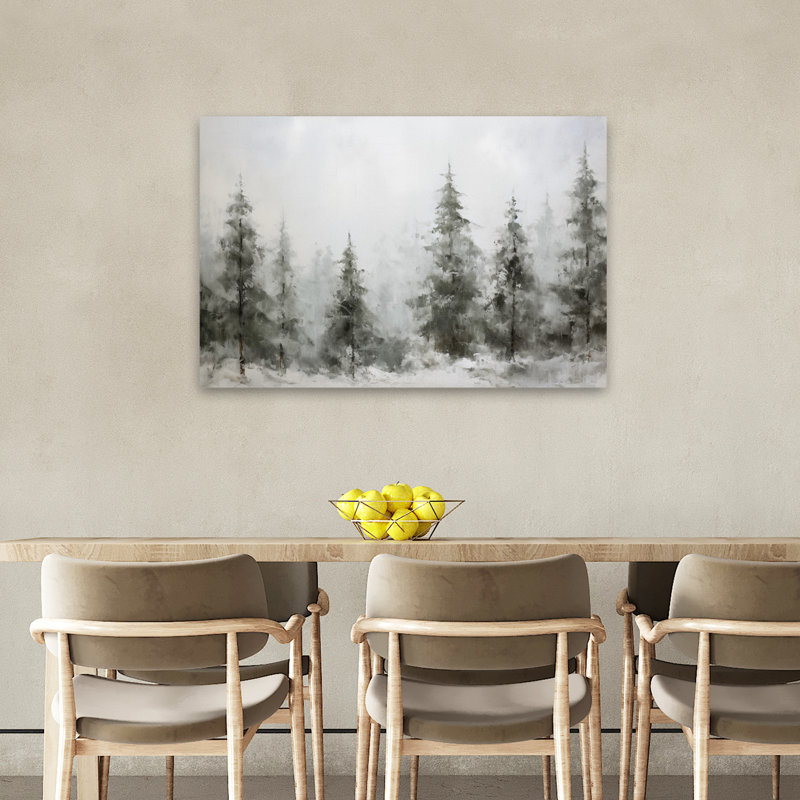 Vue hivernale - Forêt de pin brumeux contemporaine enneigée, scène d'hiver serein, H 24 po x l 36 po