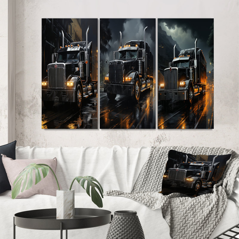 «Midnight Cruiser Semi Truck», 3 pièces sur toile, Cadre noir, H 32 po x l 48 po