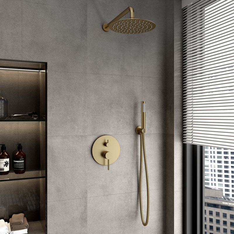 10 Inch Round Wall Mount Shower Faucet System Luxury Rainfall Shower Head with Rough-in Valve, Brushed Gold