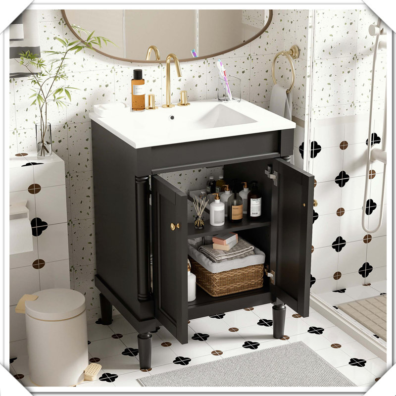 Grand meuble-lavabo moderne à 2 niveaux avec lavabo supérieur, Noir