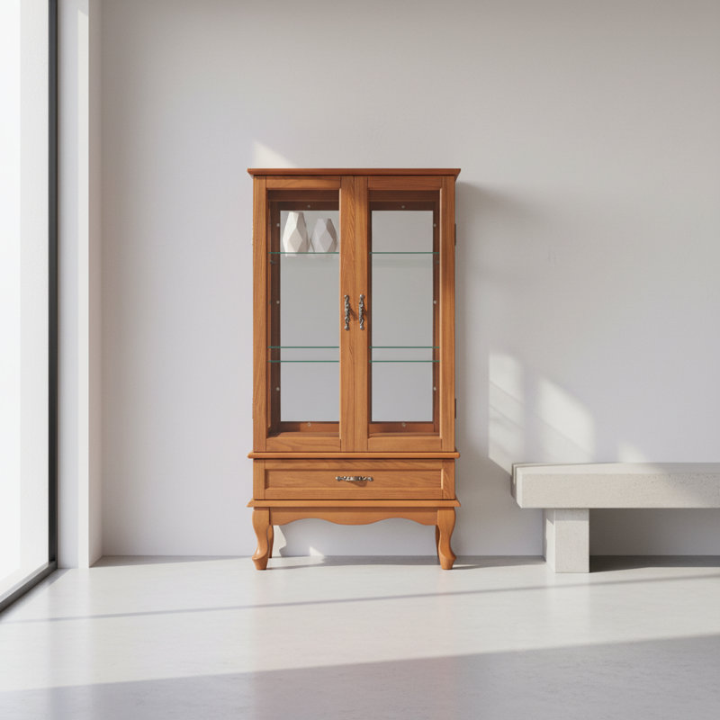 Vitrine lumineuse en verre chêne clair | Tablettes réglables et tiroir de rangement