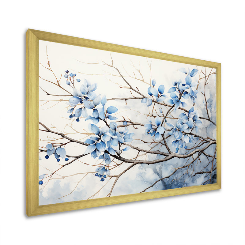Art sur toile, feuilles bleues et grises, H 12 po x l 20 po x P 1 po, Cadre doré simple