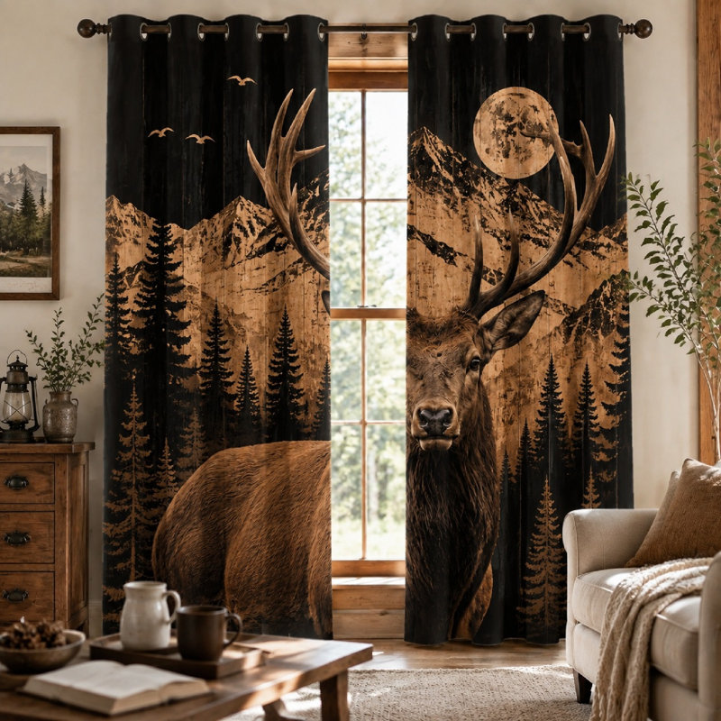 Ensemble de 2 rideaux occultants Majestic Elk Forest Moon Scene, style rustique inspiré de la nature, imprimé animaux de la forêt, à œillets, isolants thermiques et occultants pour la décoration du salon.