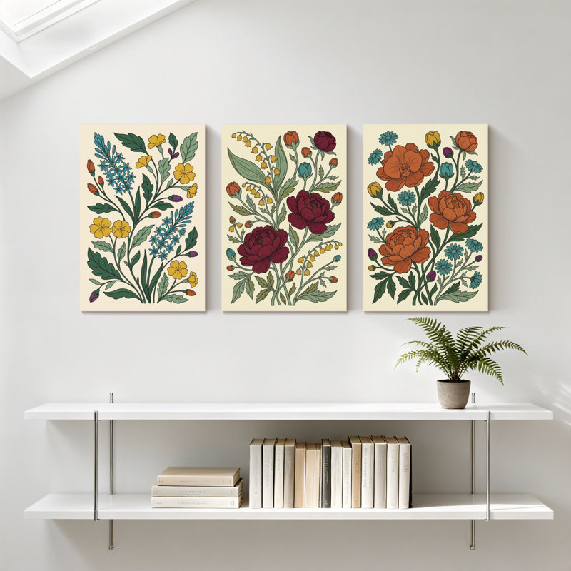 Plantes et fleurs, ensemble de 3 impressions murales sur toile avec couleurs vibrantes et feuilles, H 24 po x l 48 po
