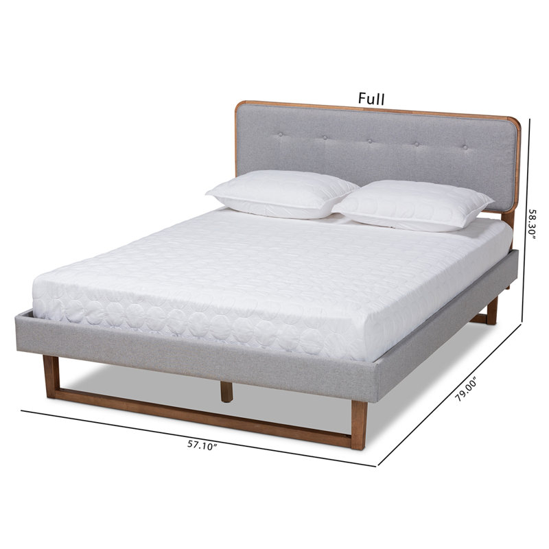 Artesha Mid-Century Modern Light Grey Fabric Upholstered And Ash Walnut Finished Wood King Size Platform Bed, Full, Brown