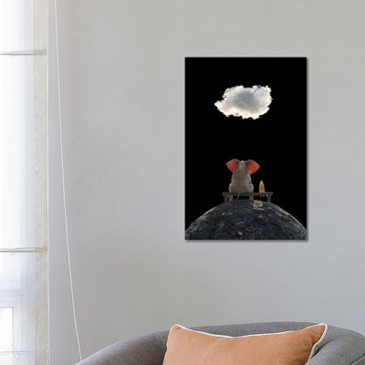 Elephant And Dog Sit On The Mountain And Look At The Cloud by Mike Kiev - Wrapped Canvas Painting