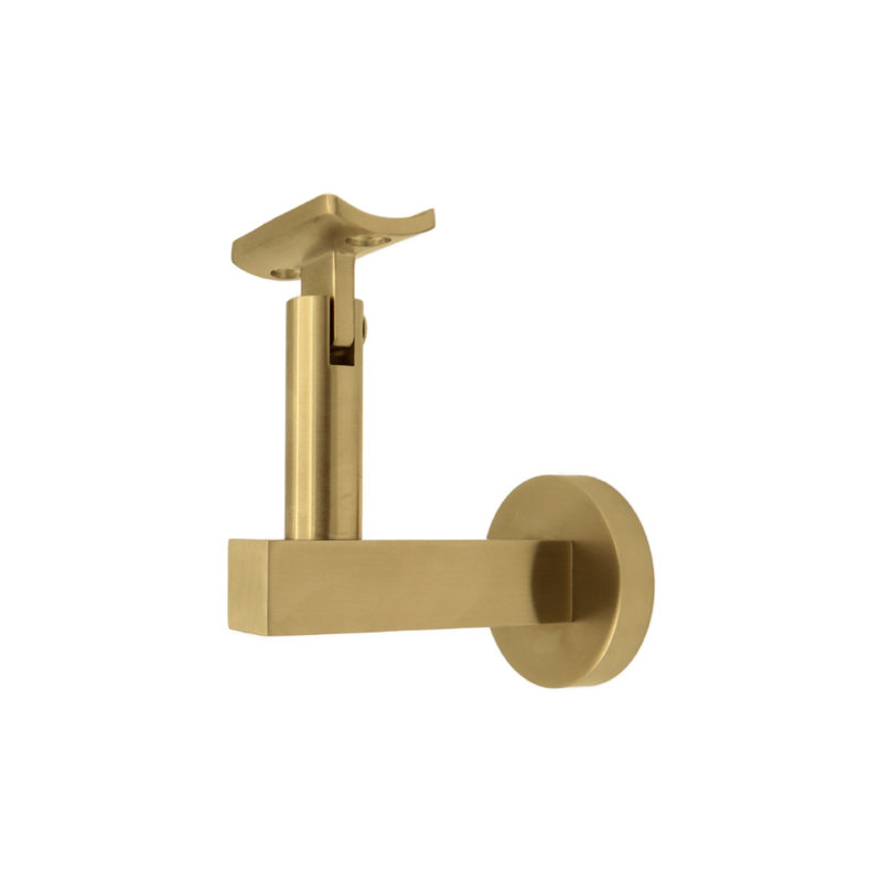 Glass Mount Handrail Bracket with Round Rose and Curved Plate, Brass/Satin Brass