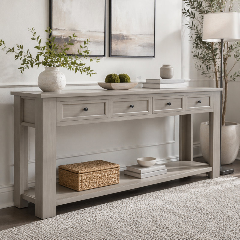 Console 63 pouces avec quatre tiroirs et tablette inférieure, Gray Wash