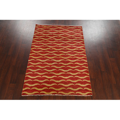 Tapis rouge / beige en laine noué à la main de conception unique 4 pi 1 po x 6 pi 2 po New Age