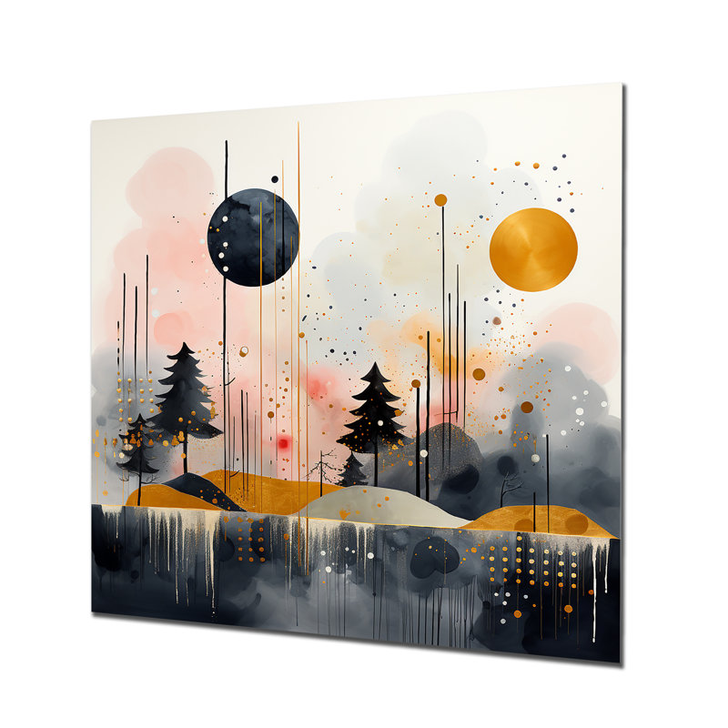Paysage de forêt moderne noir et jaune I - Paysage abstrait, H 16 po x l 16 po