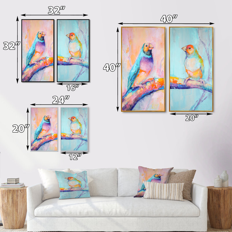 «Pastel Oil Parakeet Bird Portrait», ensemble de 2 impressions sur toile, H 40 po x l 40 po x P 1 po, Cadre flottant doré