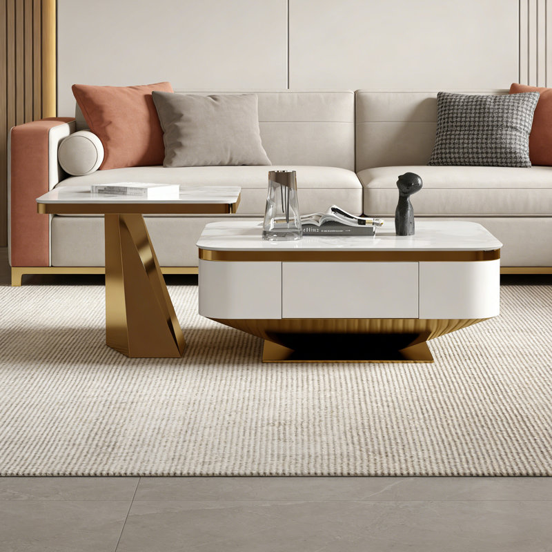 Ensemble de tables basses avec tiroirs Sintered Stone, H 14,56 po x L 35,43 po x l 35,43 po, Or