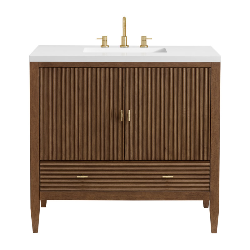 Myrrin 36'' W Single Vanity, Mid-Century Walnut, White Zeus, 8" Widespread