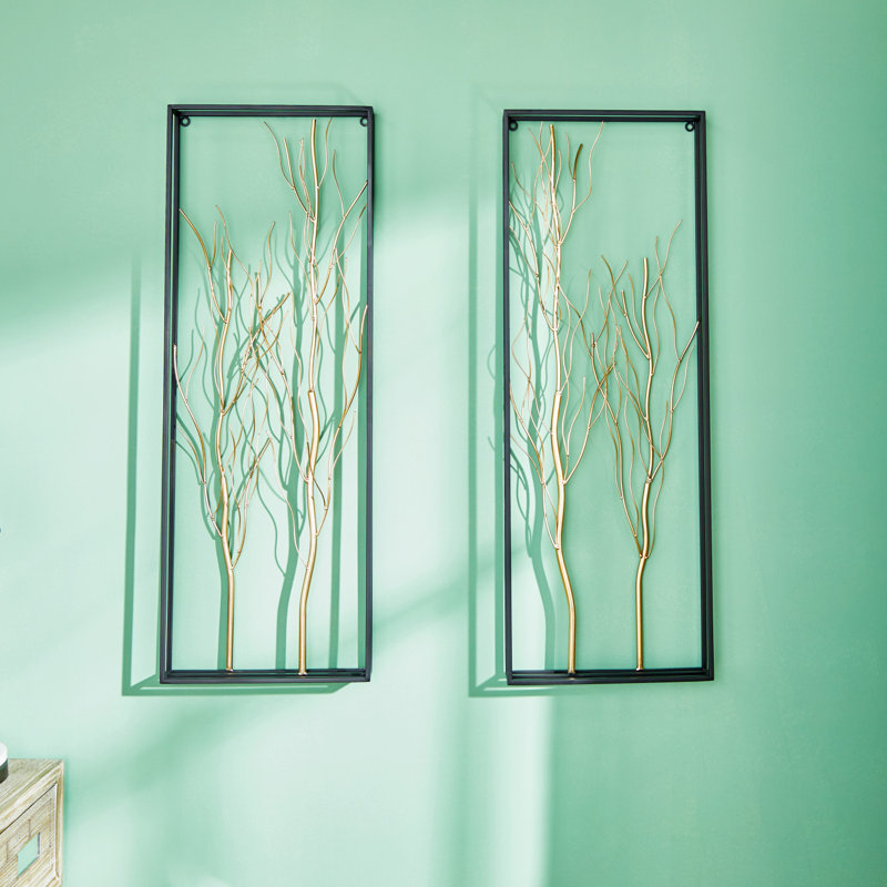 Metal Branch Tree Gold Wall Decor with Black Frame Set