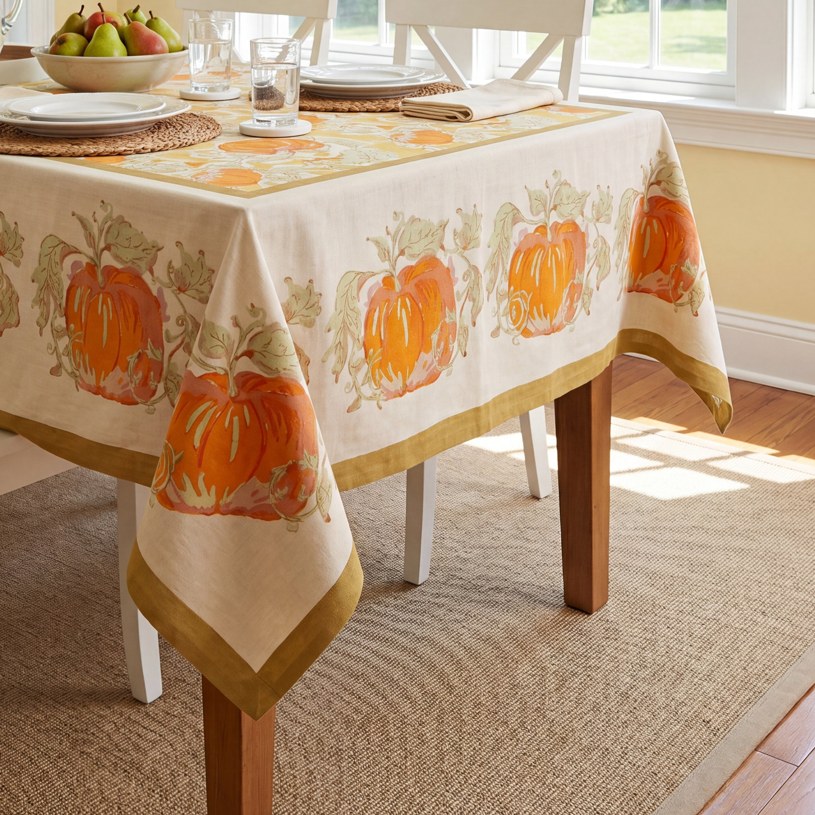 Pumpkin Tablecloth in Orange & Mustard, 90" L x 90" W, Yellow