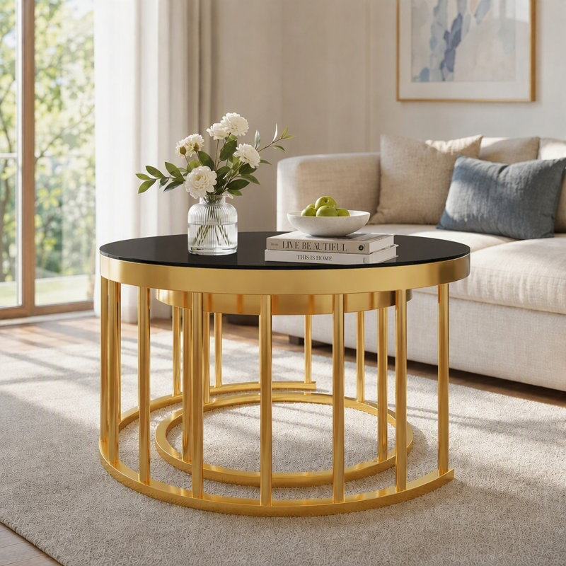 Ensemble de 2 tables basses gigognes, plateau miroir, Noir