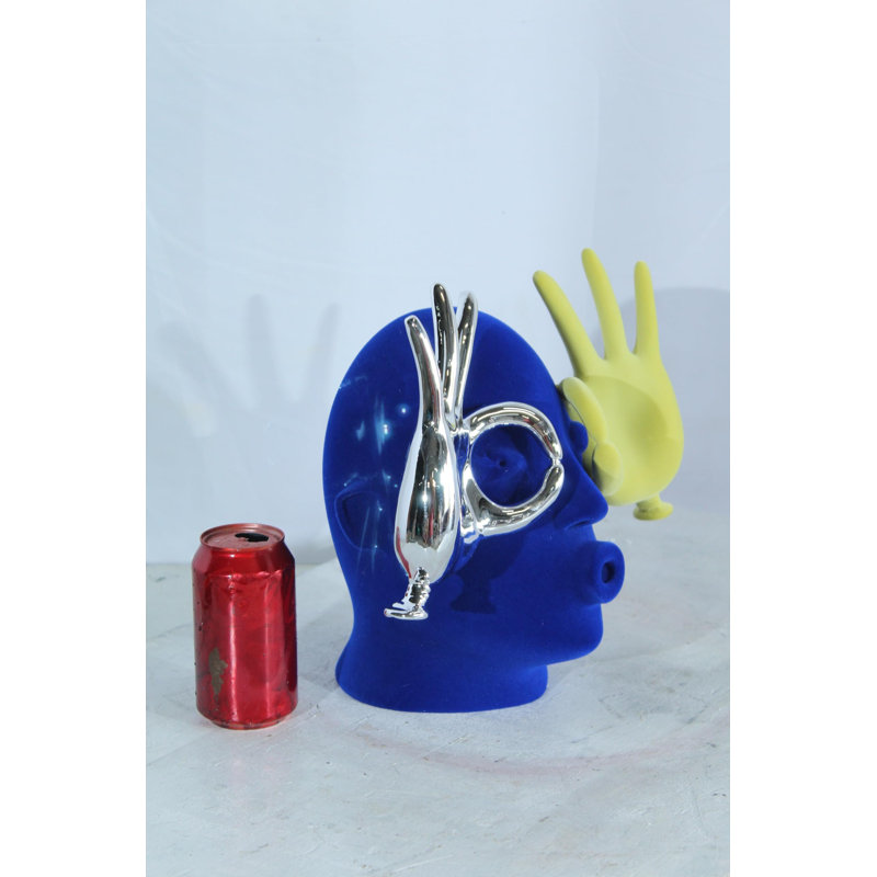 Statue tête de velours en résine bleue avec motif à la main jaune et argent NIFao 12 po x 8 po x H 12 po