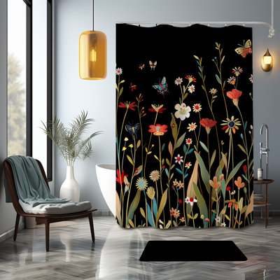 Whimsical Floral Shower Curtain – Black With Colorful Blooms, Butterflies And Ladybugs