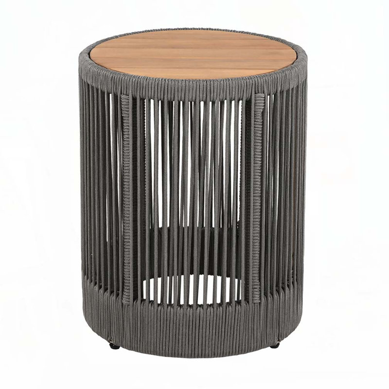 Outdoor Rattan rope & Acacia Wood Side Table, Gray