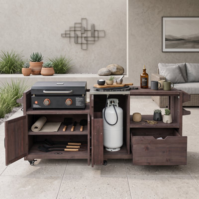 Outdoor Kitchen Island Grill Cart with Stainless Steel Top, Drawer, Adjustable Shelves and Locking Wheels