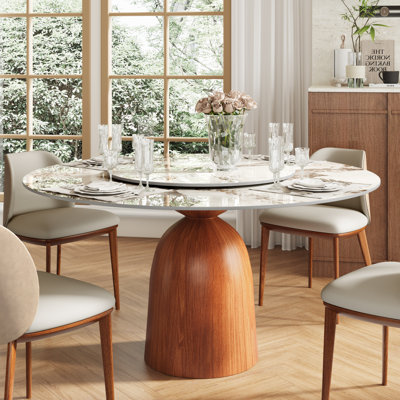Mid-Century Modern Round Dining Table With Lazy Susan Turntable Solid Wood Base For Space-Saving