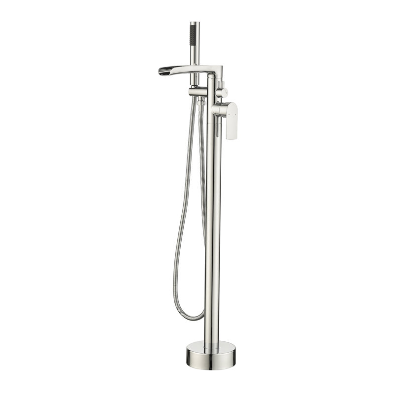 37.5" Solid Brass Floor Mounted Single Lever Handle Freestanding Tub Faucet, Waterfall Tub Filler With Handshower