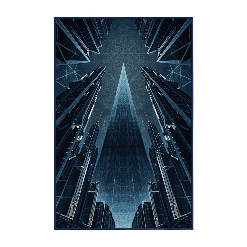 Tapis géométrique moderne lavable à la machine en bleu Alien City Warmley, 8 x 10