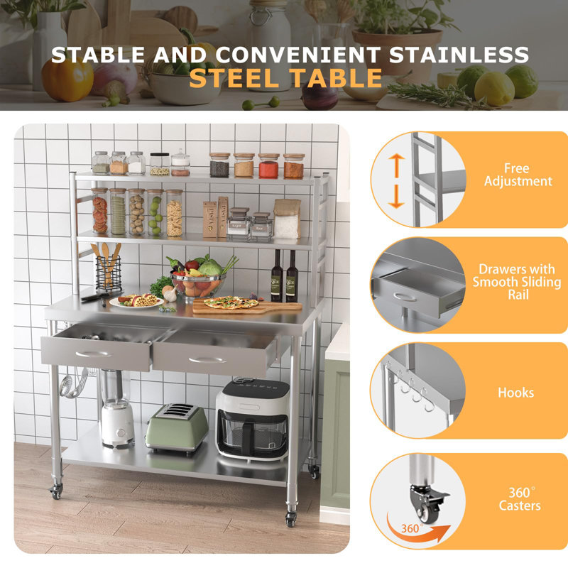 Stainless Steel Table With Shelves And Drawer