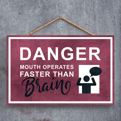 Exit Sign Mouth Faster Than Brain Red Wooden Plaque