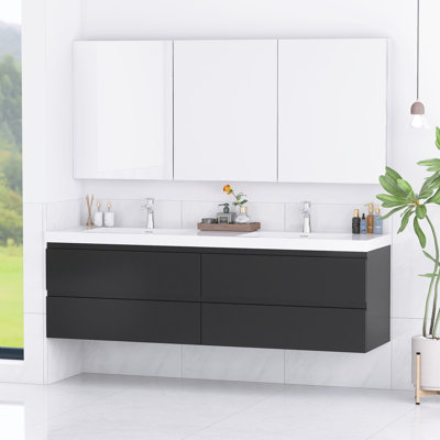 Modern 72" Wall-Mounted Bathroom Vanity With Integrated Double Solid Surface Sink, 4-Drawer