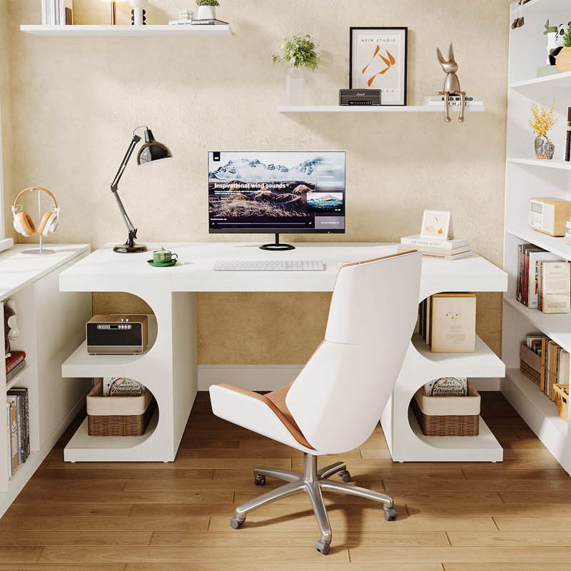 62" White Computer Desk For Home Office, Modern Executive Office Desk with  Storage Shelves
