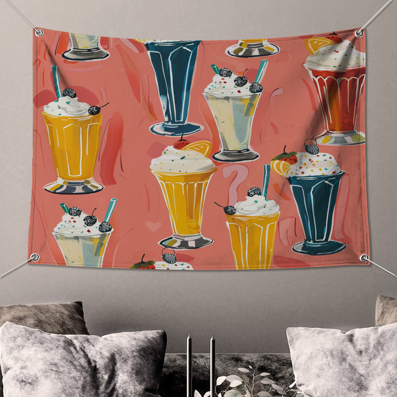 Milkshake Illustration Wall Tapestry - Milkshake Wall Decor, 50in H x60in W with 4 Grommets