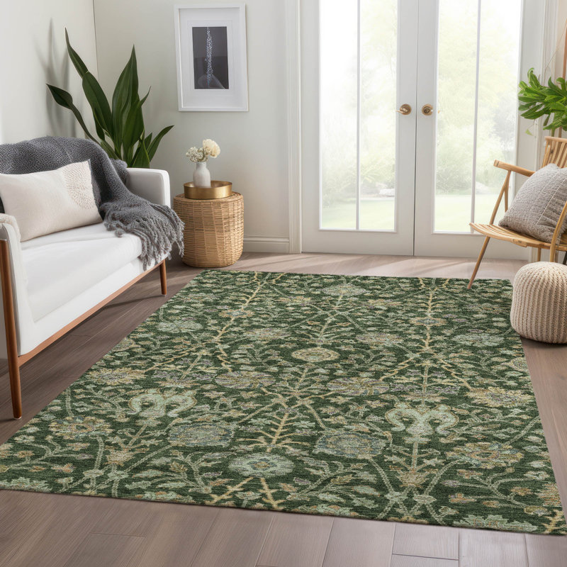 Green Floral Pattern Machine Washable Indoor Outdoor Rug