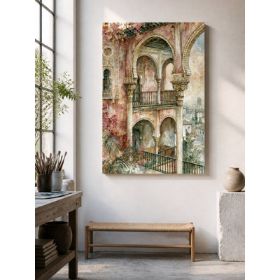 Canvas Wall Art of Mediterranean Or Moorish Styled Arches And Balcony in Impressionistic Vintage Style, Decorative Print