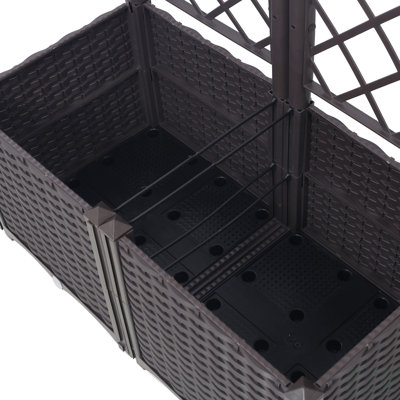 Poly Rattan Brown Trellis Raised Bed  With Drainage Plug - 2 Removable Pots With Large Flower Boxes - Built-In Support For Climbing Plants - Outdoor Patio Garden Decoration