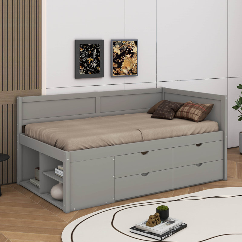 Daybed With Drawers And Shelves, Gray, Full/Doule