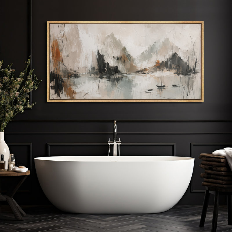 «Misty Mountain River Valley Foggy Nature Landscape», impression sur toile encadrée, 30" H x 60" W x 1.5" D, Natural