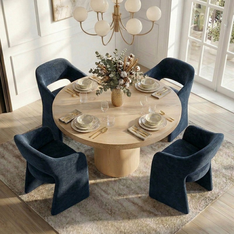 Ensemble de table de salle à manger pour 4 personnes avec table ronde en bois massif et 4 chaises rembourrées en chenille