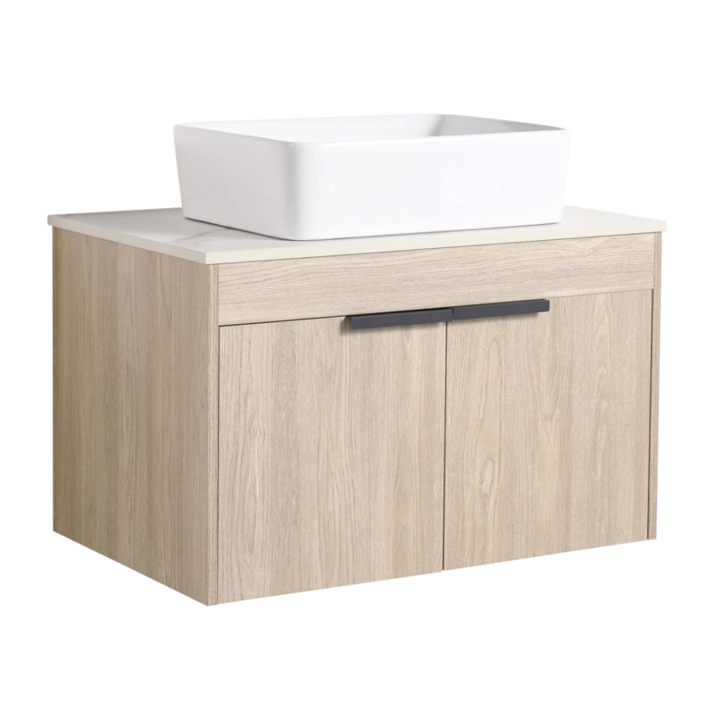 Meuble-lavabo mural en chêne de conception moderne avec lavabo en céramique, porte à fermeture en douceur et rangement KD compact