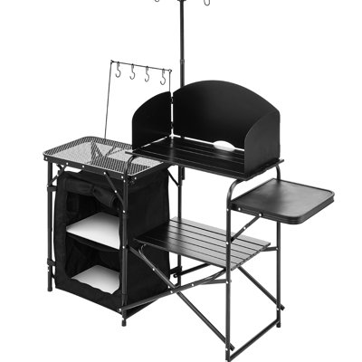 Portable Camping Kitchen Table With Outdoor Cook Station, Aluminum Main Table, Steel Grill, - Plastic Side Tables, 3 Windscreen, Hooks For Utensils, Lamp Stand, X Shaped Structure, Easy Setup In