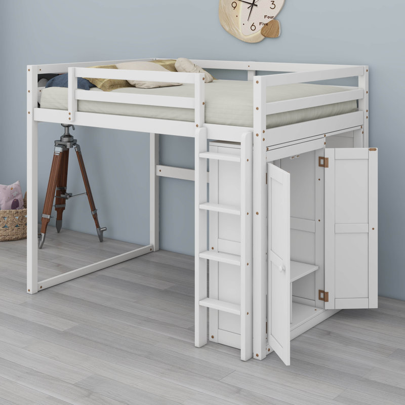 Lit mezzanine double avec garde-robe intégrée et tablettes de rangement, cadre de lit mezzanine en bois massif avec lumière DEL